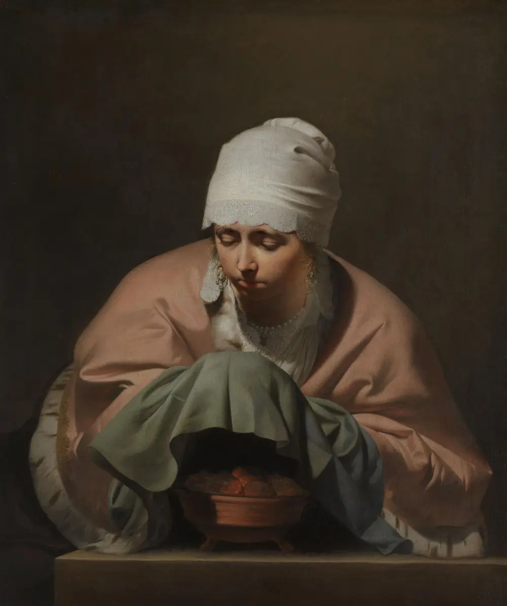 A Young Woman Warming her Hands over a Brazier, Allegory of Winter — Caesar van Everdingen