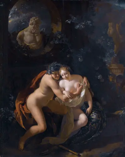 Amorous Couple in a Park Spied upon by Children.