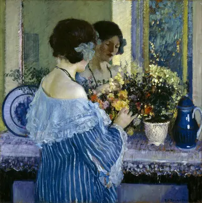 Girl in Blue Arranging Flowers — Фредерик Карл Фризеке